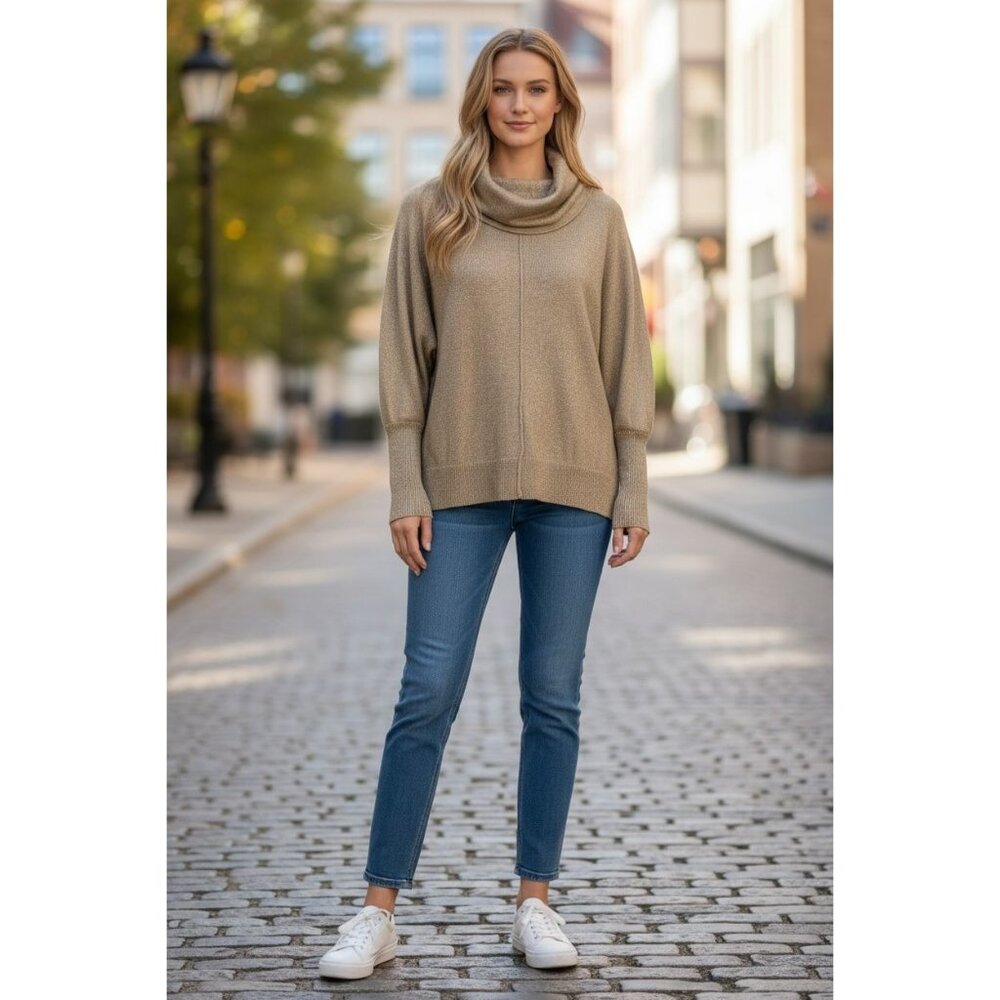 NEW Joseph A Gold Metallic Cowl Neck Sweater Lightweight Knit Womens L Stretch